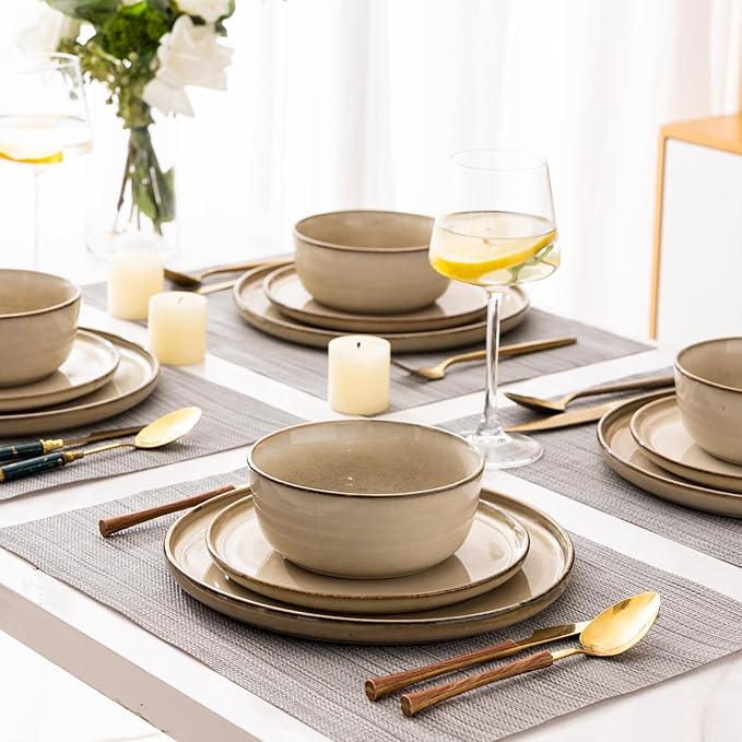 GBHOME Ceramic Dinnerware Sets for 8, 24 Pieces Stoneware Plates and Bowls Sets, Scratch Resistant Dishes, Dishwasher & Microwave Safe, Reactive Glaze-Cappuccino-Ruum Studio Home
