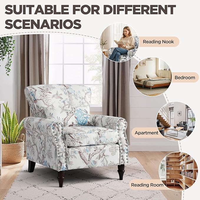 Wingback Accent Chair with Removable Pillow, High Back Floral Armchair with Solid Wood Legs & Nailhead Trim, Comfy Upholstered Reading Single Sofa Chair for Bedroom (1, Bird Floral Pattern)-Ruum Studio Home