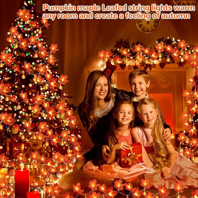 2 Pack Fall Garland with Pumpkin Lights Halloween Decorations Indoor 60 LED 20 Ft Enlarged Maples Leaves Fall Lights Battery Operated Halloween Garland Thanksgiving Decor Home Indoor Outdoor Christmas-Ruum Studio Home