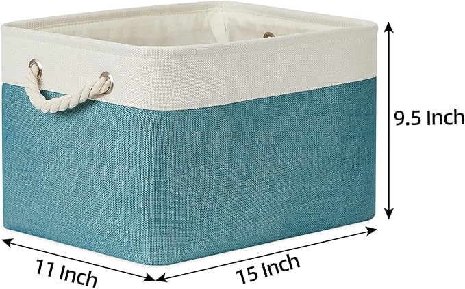 Bidtakay Basket Storage Bins with Handles Fabric Large Storage Baskets for Organizing Set of 3 Collapsible Rectangular Basket for Shelves Closet Organizer 15 X 11 X 9.5 Inches(White&Teal Blue)-Ruum Studio Home