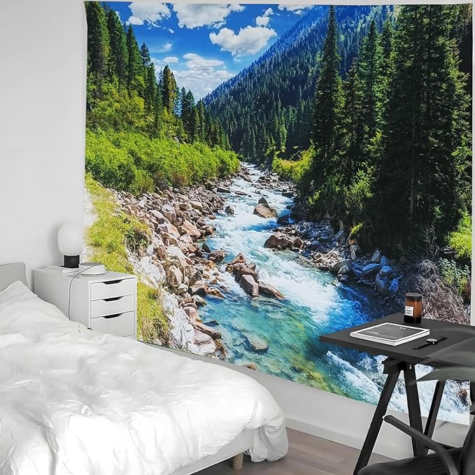 Nature Forest Mountain Tapestry Green Pine Tree Stream Tapestry White Clouds Flowing River Valley Landscape Scenery Tapestries Wall Hanging for Bedroom Dorm Living Room Office Classroom 80 x 60 Inch-Ruum Studio Home