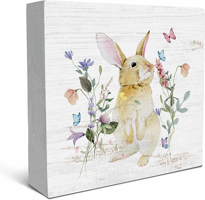 SRADMO Bunny Sign, Cute Bunny's Wood Box Sign Desk Decor, Easter Bunny Gifts for Kids, Easter Theme Wooden Block Box Sign Decoration for Home Office Shelf Table Decor-Ruum Studio Home