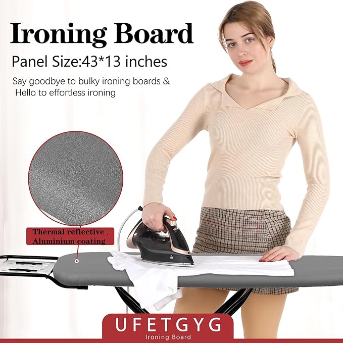 Ironing Board,13" X 43" W/with Iron Rest | Full Metal Construction| Height Adjustable | Heat & Scorch Resistant Fabric | Heavy Duty| Easy to Fold | Anti-Skid Feet |Grey-Ruum Studio Home