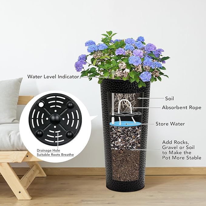 KOL 28" H. Tall Metal Cone Planters with Inside Pots 2-Pack, Black Hand-Hammered Large Decor Planter for Deck, Patio, Porch - Handcrafted Flower Pot - with Water Level Indicator - Indoor Outdoor Use-Ruum Studio Home