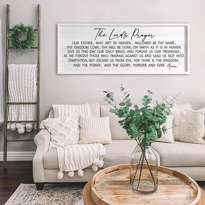 Our Father Prayer Bible Verse Framed Wall Art, 40''×15'' White Horizontal Religious Christian Lords Prayer Sign for God Jesus Christ Prayer, Rustic Holy Inspirational Catholic Scripture Decor-Ruum Studio Home