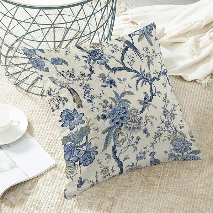 CXMEIFLY Spring Floral Birds Pillow Covers 20 x 20 Inch Set of 2 for Chinoiserie Flowers Decor Throw Pillows Blue and White Plant Outdoor Decorative Cushion Cases for Couch Bed Decorations-Ruum Studio Home