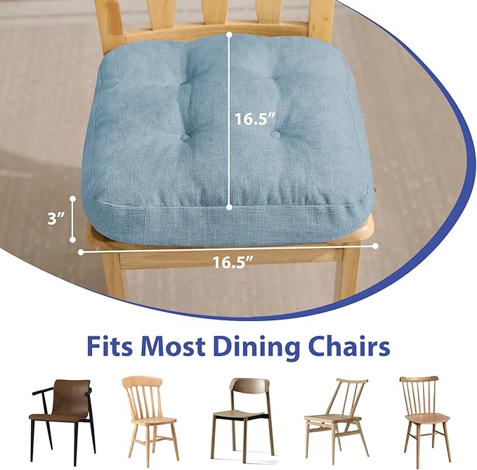 Chair Cushions for Dining Chairs, Dining Chair Cushions, Tufted Indoor Chair Pads with Ties & Non Slip Backing, Seat Cushions for Kitchen Chairs 16.5” x 16.5” x 3.5”, Set of 6, Light Blue-Ruum Studio Home
