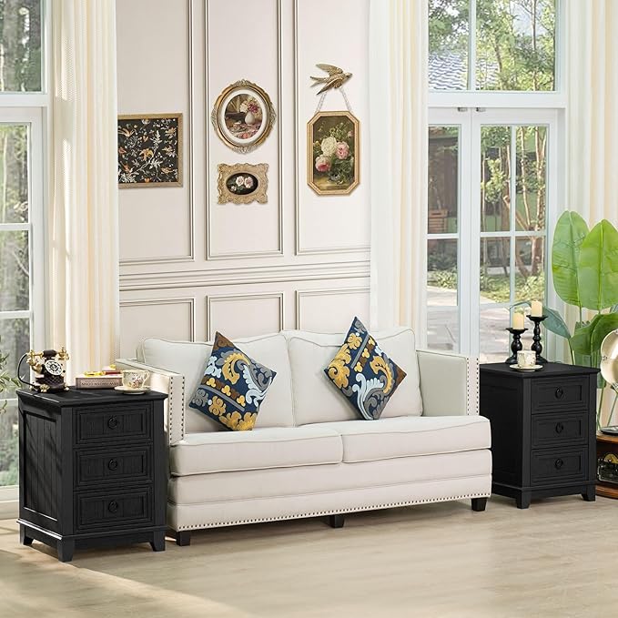 Farmhouse Night Stand Set of 2, 18" End Table with 3 Drawer Metal Handle, Dresser for Bedroom, Sofa Bed Side Table Chest of Drawers,Wood Nightstand Cabinet for Organizer, Living Room-Black-Ruum Studio Home