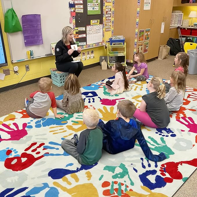 STARUIA Large Kids Rug for Playroom, 8'x10' Handprints and Footprints Colorful Rug for Classroom, Non-Slip Washable Rugs for Nursery, Soft Throw Carpet Indoor Playmat for Kids Room Dorm Bedroom-Ruum Studio Home