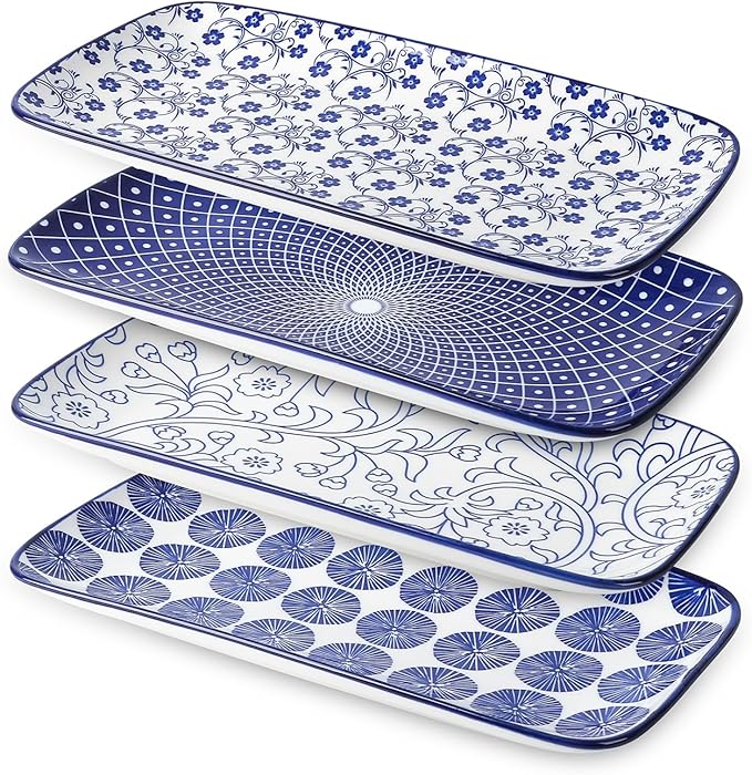 Selamica Ceramic Rectangular Serving Platters Set of 4, 12 Inch Serving Trays/Dishes for Party Entertaining, Rectangular Dinner Plates for Appetizer Salad Dessert Sushi, Vintage Blue-Ruum Studio Home