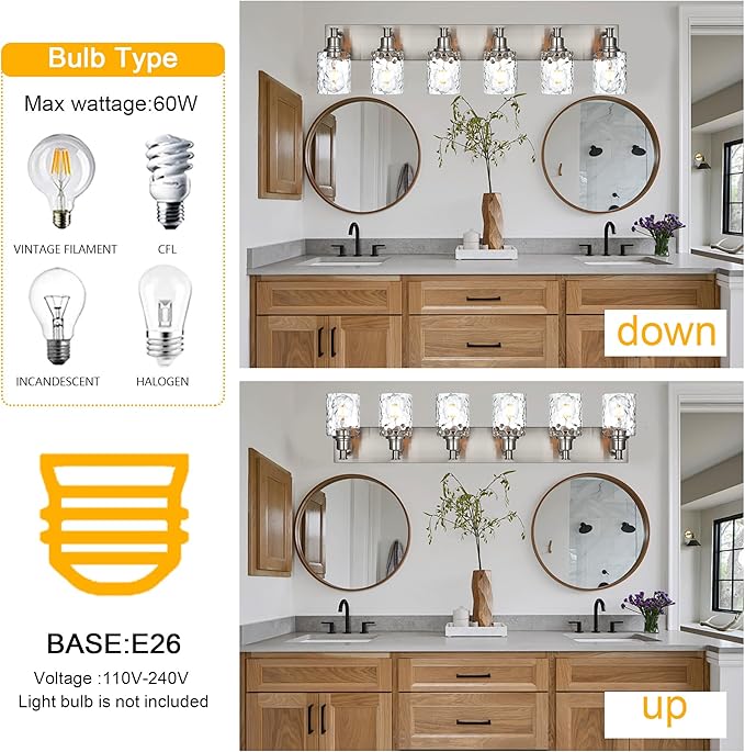 BONLICHT Vanity Light Fixture Brushed Nickel 6-Light Modern Farmhouse Wall Sconce Bathroom Lighting with Hammered Glass Industrial Wall Mount Lights for Kitchen Dining Room Cabinet Corridor-Ruum Studio Home