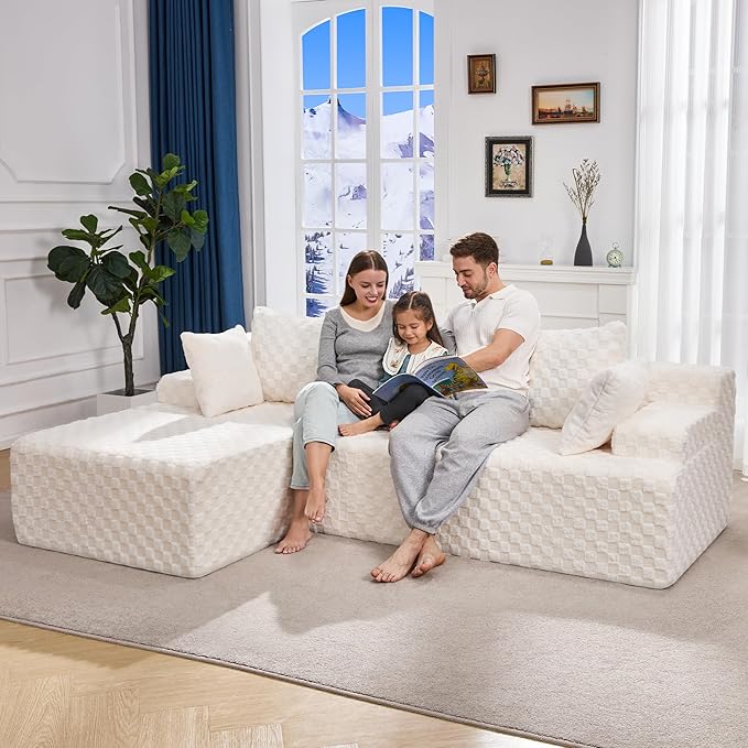 Hobestluk 96” Modular Sectional Sofa Couches L-Shape Couch 3 Seat Modular Sofa Memory Foam Sectional Couches for Living Room, Cloud Couch with Oversized Chaise (White, Checked (Left Facing Chaise))-Ruum Studio Home