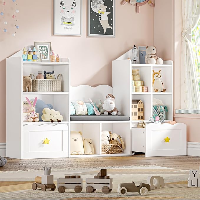 Kids Bookshelf with Reading Nook, Kids Bookcase with Soft Cushion Seat, 2 Wheels Drawers and 8 Storage Cubbies, Toy Storage Organizer for Kid's Room Playroom, Bedroom, School, White-Ruum Studio Home