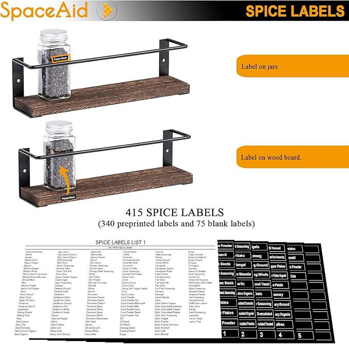SpaceAid Spice Rack Organizer for Cabinet Door or Wall Mount (4 Pack) with 415 Spice Labels - Wood Hanging Seasoning Shelf for Cupboard Pantry or over the Stove-Ruum Studio Home