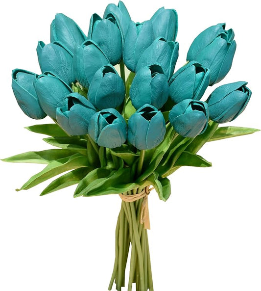 Mandy's Artificial Tulips 20 Stems Teal PU Faux Flowers for Wedding Home Decor 13.5 Inch-Ruum Studio Home