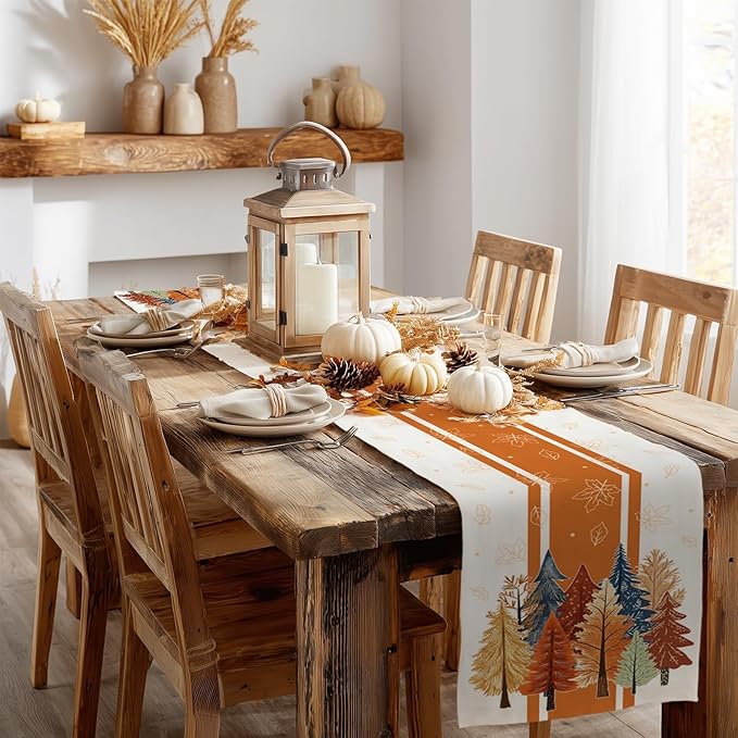 GEEORY Fall Watercolor Trees & Maple Leaves Striped Table Runner 13x90 Inch, Rustic Farmhouse Autumn Thanksgiving Decor for Kitchen, Dining, Indoor/Outdoor Holiday Dinner Party Orange GT157-90-Ruum Studio Home
