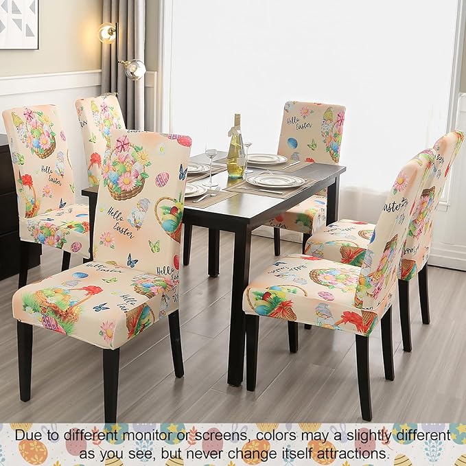 JQinHome Easter Chair Covers Set of 6,High Stretch Removable Washable Chair Seat Protector Cover for Easter Decoration-Easter Theme Decor with Easter Egg Basket-Ruum Studio Home