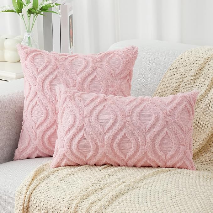 decorUhome Throw Pillow Covers 12x20 Inch Set of 2, Soft Plush Decorative Faux Fur Light Pink Solid Couch Pillow Covers, Accent Farmhouse Neutral Lumbar Euro Pillow Cases for Sofa Bed Living Room-Ruum Studio Home
