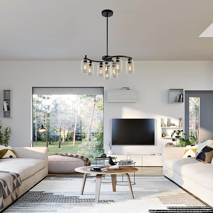 9-Light Black Modern Chandeliers for Dining Room, Adjustable Height Farmhouse Kitchen Island Lighting, Industrial Hanging Light Fixtures for Living Room Bedroom, Clear Glass Shade-Ruum Studio Home