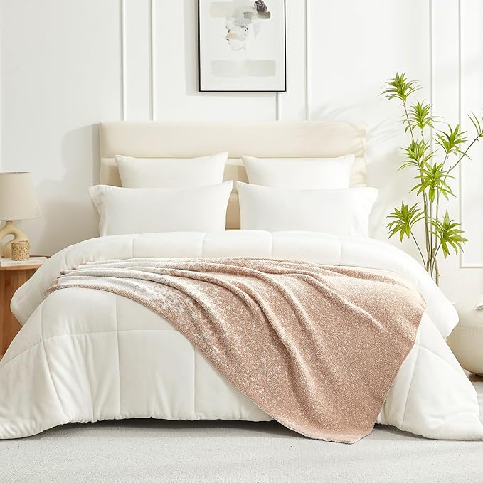 Snuggle Sac Buttery Beige Blanket Twin Size for Bed and Sofa, Reversible Super Soft Blankets Warm Cozy Knit Fuzzy Plush Blankets for Couch, Picnic, Ombre Beige, 60x80 inches-Ruum Studio Home