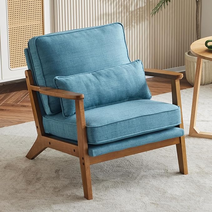 Karl home Accent Chair Wide Armrest Mid-Century Lounge Chair Linen Fabric Armchair with Lumbar Pillow & Solid Wood Frame for Living Room, Bedroom, Balcony, Cyan-Blue-Ruum Studio Home