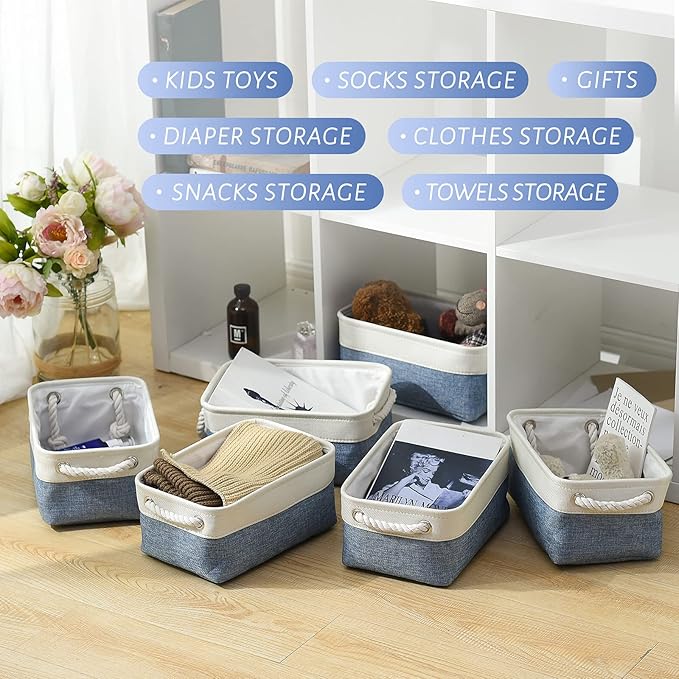 TcaFmac Storage Basket for Shelves - Small 6 Pack Fabric Storage Bins for Organizing, Collapsible Storage Cubes with Handle for Closet Cloth Toy Decorative Gift (White & Blue11.8 x 7.8 x 5.2 inch)-Ruum Studio Home