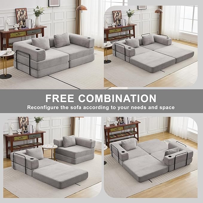 78" W Loveseat Sofa, 4 in 1 Convertible Floor Sofa Bed, Boneless Cloud Couch with Cup Holder, Fold Out Floor Couch, Loveseat Recliner Sleeper for Living Room Bedroom Lounge(Corduroy, White)-Ruum Studio Home