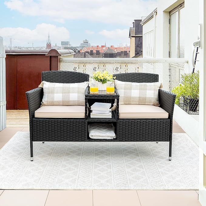 Flamaker Outdoor Furniture Patio Loveseat Wicker 2-Seat with Built-in Table and Cushions Rattan Porch Chairs Bench for Balcony, Lawn, Backyard (Beige)-Ruum Studio Home