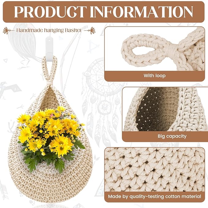 Hanging Fruit Baskets for Kitchen - 3 Pack Boho Wall Hanging Basket with 6 Pcs Strong Hooks, Handwoven Onion Storage Teardrop Home Onion Basket for Fruits Vegetable Potato Kitchen Storage (White)-Ruum Studio Home