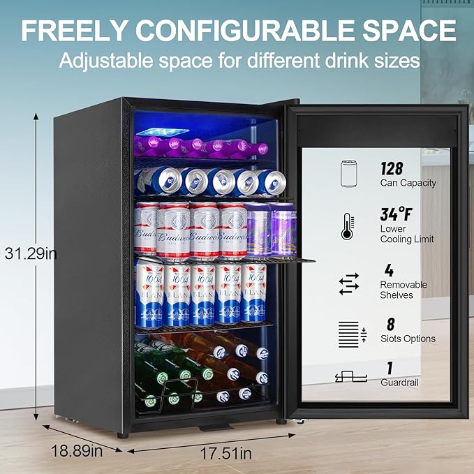 Beverage Refrigerator Cooler, 128 Cans 3.2 Cu.Ft Mini Fridge Glass Door for Drink Beer Soda Wine, Small Fridge with 4 Adjustable Removable Shelves for Kitchen, Bedroom, Office, Bar, Gaming Room, Black-Ruum Studio Home