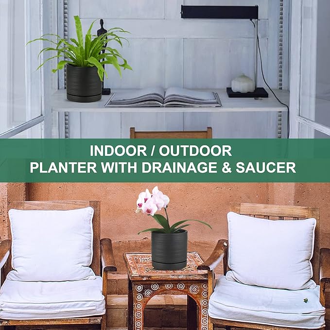 6 Inch Plant Pots, Ceramic Planter Pot with Drainage Hole & Saucer, Indoor/Outdoor Cylinder Round Planter Pot, Matte Black-Ruum Studio Home