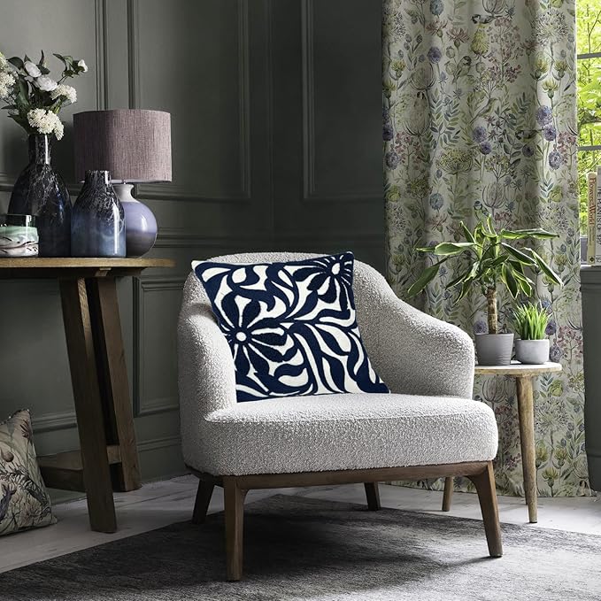 Alysheer Farmhouse Floral Leaves Embroidered Decorative Throw Pillow Cover 18x18 inches, Boho Tufted Flowers Embroidery Pattern Chic Cotton Cushion Case for Couch Bed Sofa Living Room(Navy Blue)-Ruum Studio Home
