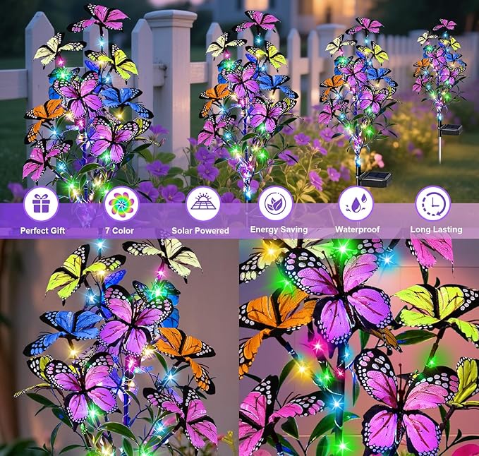 Solar Garden Lights Outdoor Waterproof Garden Decor, 4 Pack Upgraded 240 LED 54 Butterfly Colorful Outdoor Solar Decor for Yard Patio Gifts for Womens Mom (4 Pack Butterfly)-Ruum Studio Home