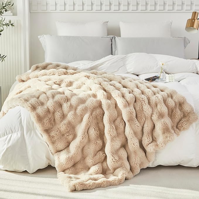 RYNGHIPY Faux Fur Blanket for Couch Fluffy Warm Throw Blanket for Sofa Bed Thick Furry Bubble Blanket (Camel, 51''x63'')-Ruum Studio Home