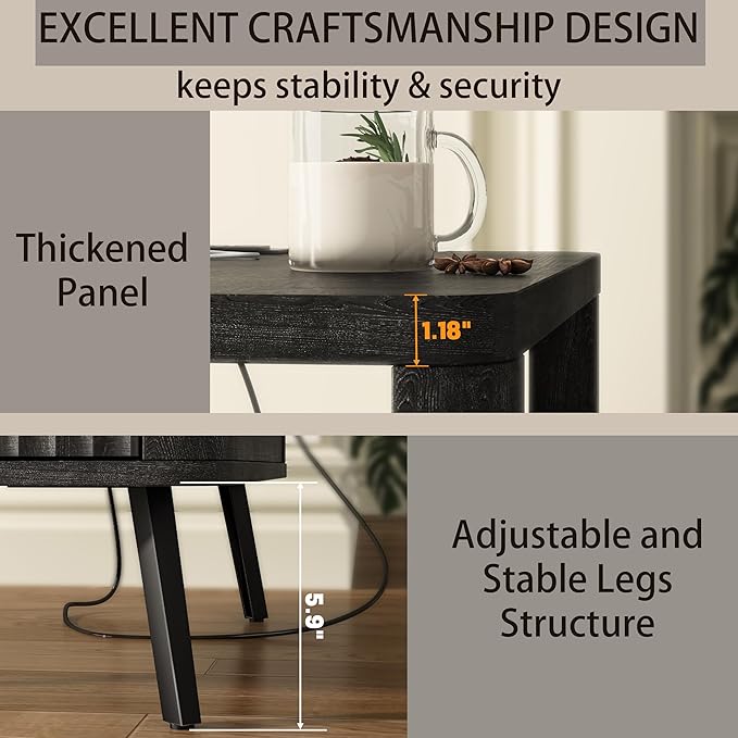 Nightstand Set of 2 with Charging Station, 24" End Table Side Table with Open Shelf, Modern Large Wood Fluted Bedside Cabinet for Bedroom, Living Room, Black-Ruum Studio Home