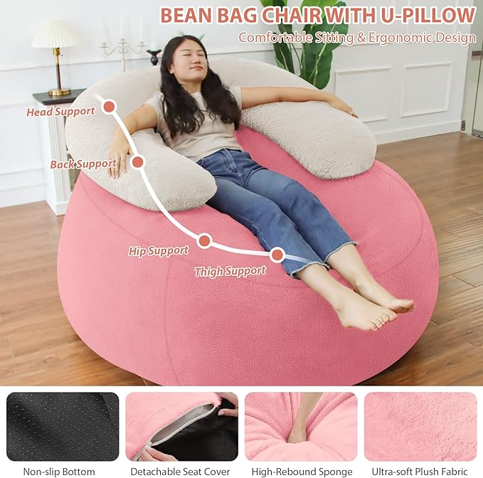 HABUTWAY Bean Bag Chair with U-Shaped Pillow for Adult and Kids Big BeanBag Chair with Filling Ultra Soft Teddy Fleece Couch Chair with Washable Cover for Living Room Bedroom Office, Beige-Light Pink-Ruum Studio Home