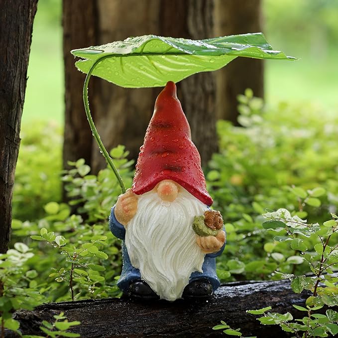 Garden Gnome Statue Decoration with Leaf Umbrella, 7.5” Figurine Ornament for Indoor Outdoor Home Patio Yard Lawn, for Gnome Lovers & Garden Enthusiasts，Mom，Women-Ruum Studio Home