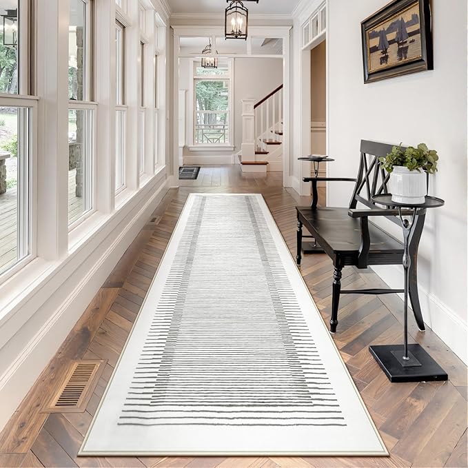 Wonnitar Washable Striped Runner Rug 2'6"x8', Non-Slip Berber Stripe Hallway Runner, Low Pile Minimalist Kitchen Soft Carpet Runner for Bedroom Bathroom Laundry Entryway (Grey, 2'6" x 8')-Ruum Studio Home