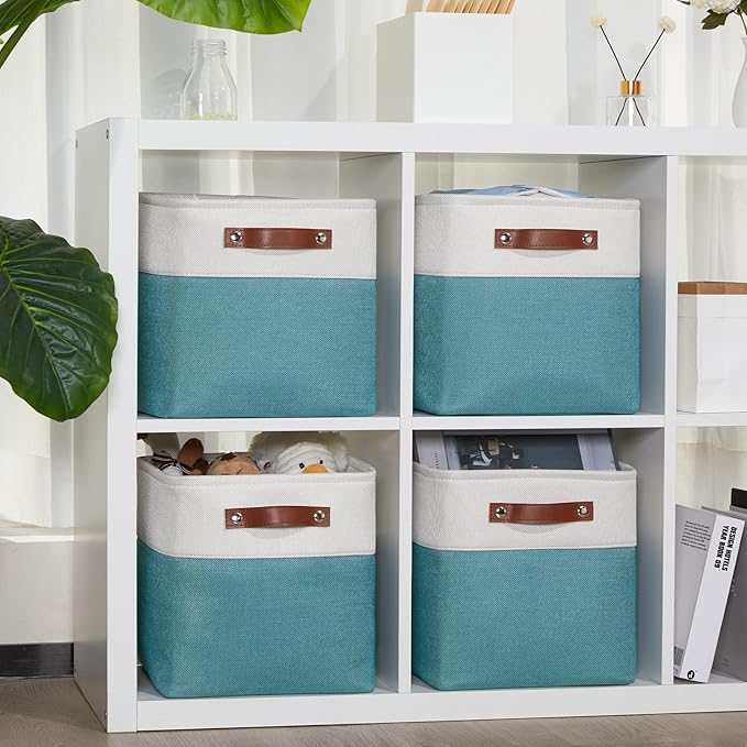 DULLEMELO Foldable Storage Cubes 11 x 11 Organizer Bins,Canvas Storage Bins Empty Gift Baskets for Organizing with SturdyLeather Handles, Closet Baskets for Nursery Storage(4 Pack - 11" White&Teal)-Ruum Studio Home