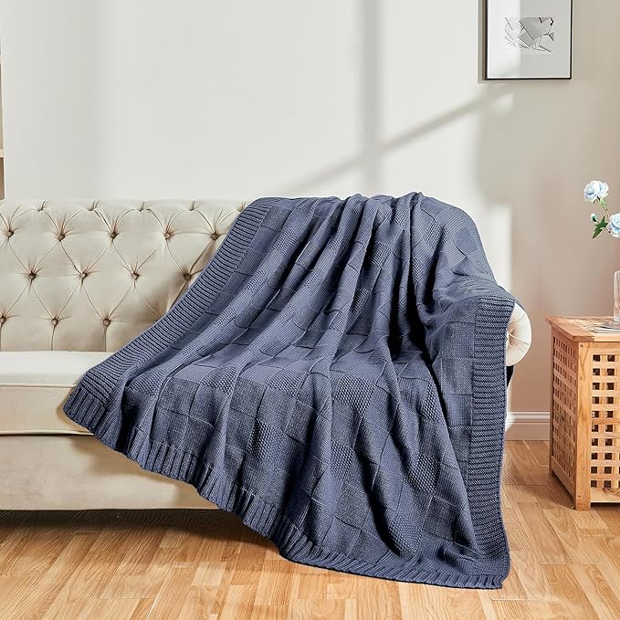 CozeCube Check Knit Throw Blanket, Steel Blue Checkered Throw for Couch, Decorative Christmas Soft Cozy Warm Knitted Blanket for Bed Sofa Living Room, 50"X60"-Ruum Studio Home