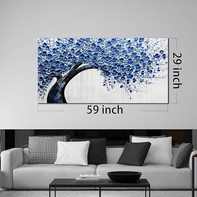 Large Wall Art for Living Room Bedroom Home Office Blue Tree of Life Wall Art Floral Picture Framed Wall Decor Modern Canvas Prints 29x59 In-Ruum Studio Home