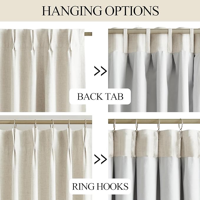 Vision Home Natural Pinch Pleated Full Blackout Curtains Linen Blended Room Darkening Window Curtains 112 inch for Living Room Bedroom Thermal Insulated Pinch Pleat Drapes with Hooks 60" Wx112 Lx1-Ruum Studio Home