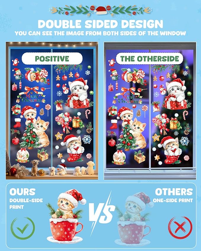 Christmas Window Clings Decorations - Cute Funny Double-Sided Static Stickers for Glass Windows and Doors, Perfect Decorations, with Cat Kitten Pattern, Reusable 9 Sheets-Ruum Studio Home