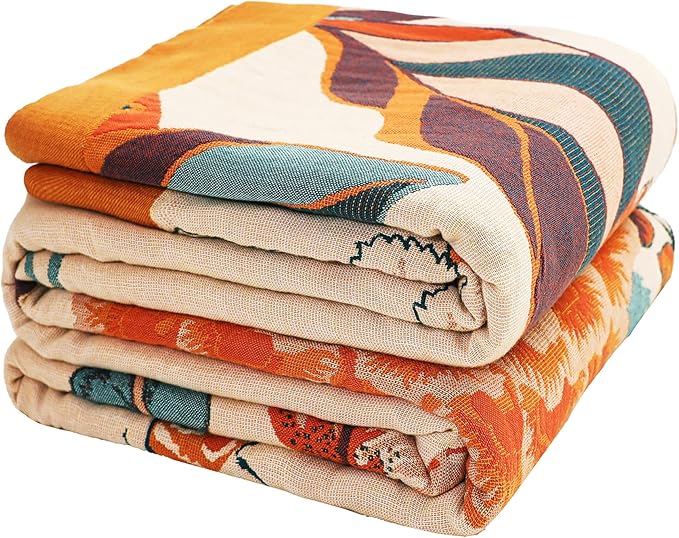 Boho Throw Blanket, 100% Organic Cotton Breathable Soft Lightweight All Season Rustic Bed Throw - Floral Bird Farmhouse Decor Blanket for Sofa Couch Chair Quilt and Gift. 60" x 80"-Ruum Studio Home