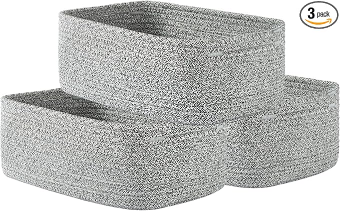 KALLAX Small Woven Basket, 12 x 8 x 4.5 Inches, Storage Basket for Organizing, Cute Small Rope Shelf Closet Cube Storage Bins Baskets for Shelves, Dog Toy Gift Baskets Empty, 3 Packs, Mixed Grey-Ruum Studio Home