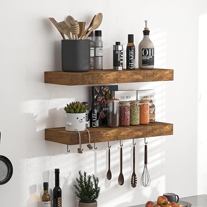Fun Memories Floating Shelves - 16 Inch Rustic Brown Wall Shelf - Wall Mounted Shelves for Wall Decor Storage - Wooden Shelves with Invisible Brackets for Living Room, Bedroom, Kitchen, 2 Pack-Ruum Studio Home