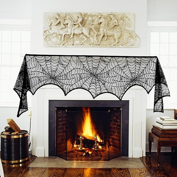 Lulu Home Halloween Fireplace Decorations, Fireplace Mantle Scarf Cover and Table Cloth, Black Lace Spider Web for Table, Door, Window and Fireplace Decoration, Halloween Decoration-Ruum Studio Home