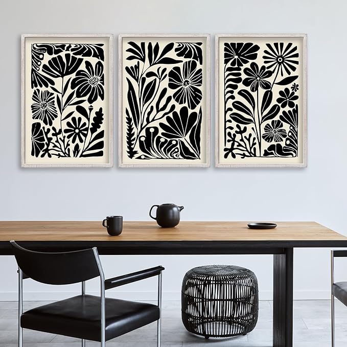 Abstract Floral Botanical Wall Art 16x11 Inch 3 Piece Black Vintage Boho Plant Flower Minimalist Wood Frame Sign Home Living Room Family Office Mid Century Print Wall Hanging Decor (White)-Ruum Studio Home