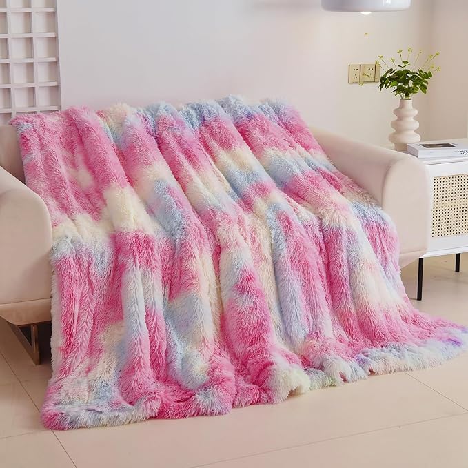 GONAAP Fuzzy Faux Fur Throw Blanket Queen Size Tie-dye Rainbow Super Soft Cozy Plush Fuzzy Shaggy Blanket for Couch Sofa Bed (Tie-dye Rainbow, Queen(90"x90"))-Ruum Studio Home