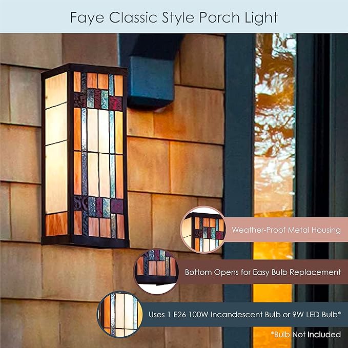 RIVER OF GOODS Art Deco Stained Glass Outdoor Light Fixture - Large Exterior Outdoor Wall Lights for House, Patio, Porch, Garage - Wall Mount Lighting Fixtures - 16.25" H - Faye-Ruum Studio Home